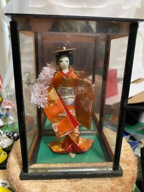 Japanese Geisha Doll in Orange Kimono Display Case